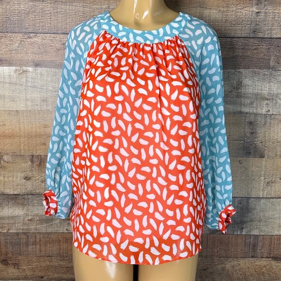 Boden Sylvie Sheer Lined Top Crop Sleeve Blood Orange Teal Brushstroke SZ 8 - Picture 8 of 10